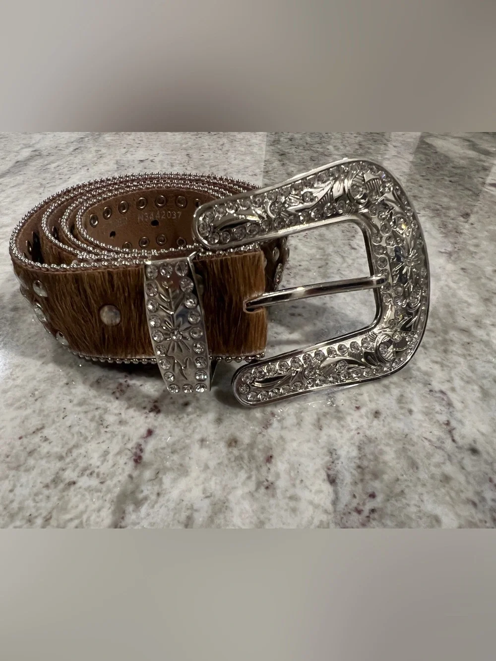 Nocona Women’s Hair/Hide Leather Studded Belt & OG Buckle, #N3442037, L, Brown
